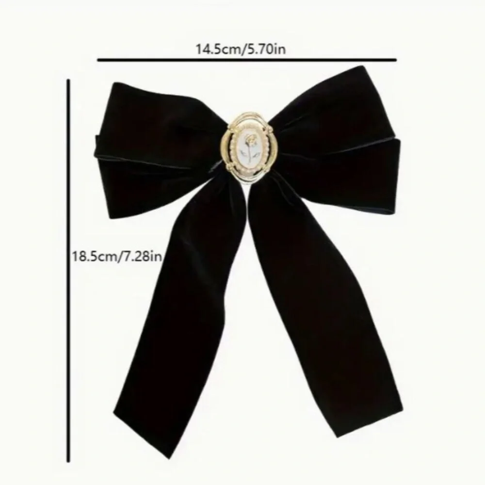 NEW Romantic Victorian Girl Black Velvet Gold Rose Bow Hair Clip